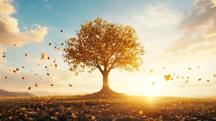 A majestic golden tree with sprawling roots stands alone in a vast serene landscape symbolizing the enduring power and deep connections of nature  This striking