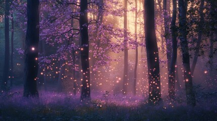 Fototapeta premium Ethereal forest bathed in purple light with glowing orbs floating among the trees at dawn