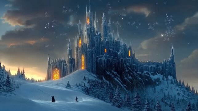 Enchanted ice castle glowing at twilight in a snowy landscape with figures exploring nearby