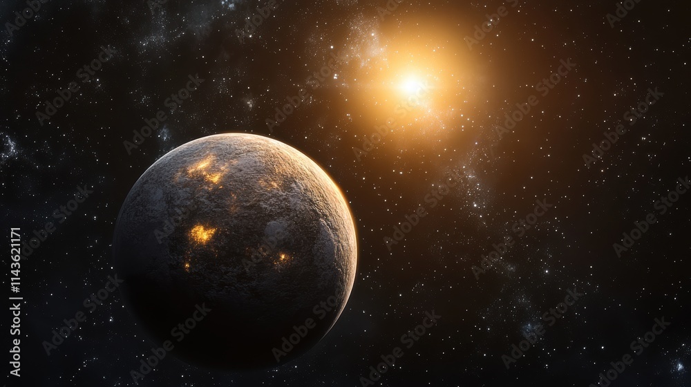 Poster Artistic representation of an exoplanet illuminated by a distant star in a vibrant cosmic setting