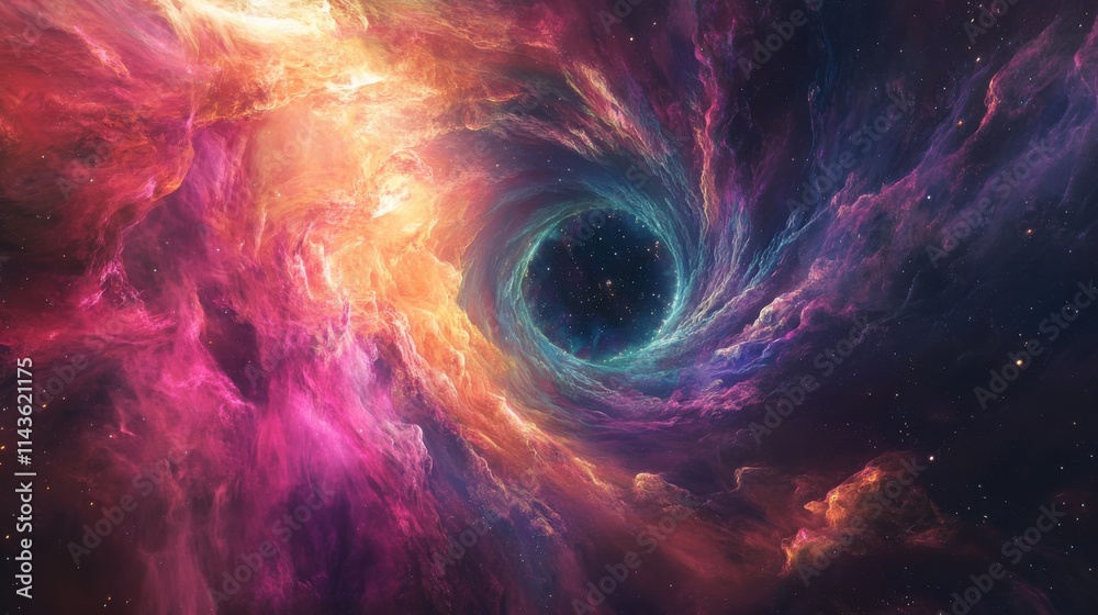Poster Deep space view of a mesmerizing black hole surrounded by vibrant cosmic clouds and colorful gases