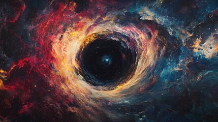 Captivating visualization of a black hole surrounded by vibrant cosmic clouds and swirling gases in deep space