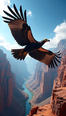 &ldquo;Andean Condor in Flight&rdquo; &ndash; A majestic Andean condor soaring over a deep canyon, framed by dramatic cliffs and a bright blue sky, symbolizing freedom and strength.
