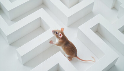 Small intelligent rat playing in a maze with white walls in a bright laboratory environment