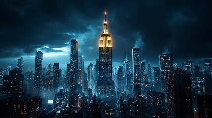 Towering golden skyscraper rising above a dense urban landscape illuminating the nighttime skyline and symbolizing the influence and dominance of a financial or commercial center