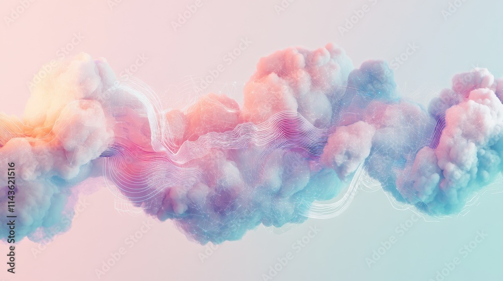 Poster abstract visualization of cloud computing technology illustrating dynamic data flow and connectivity