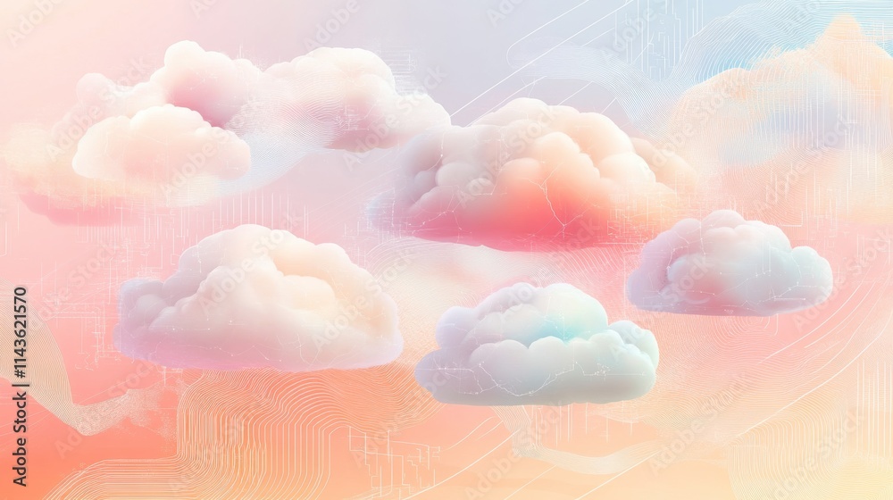 Poster Cloud computing represented through abstract visualization with colorful cloud formations and soft gradients in the background
