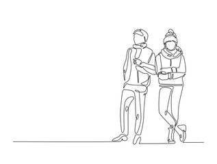 Continuous line drawing art of fashion model wear jacket in winter season. Fashion concept single line illustration.