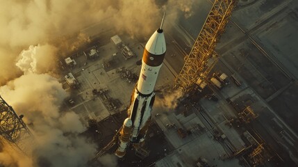 Aerial view of a rocket preparing for launch at a space center surrounded by smoke and activity