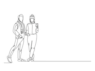 Continuous line drawing art of fashion model wear jacket in winter season. Fashion concept single line illustration.
