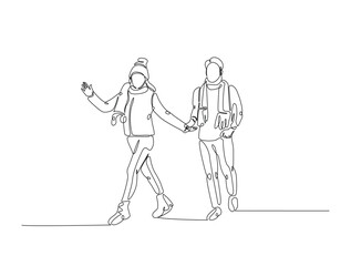 Continuous line drawing art of fashion model wear jacket in winter season. Fashion concept single line illustration.