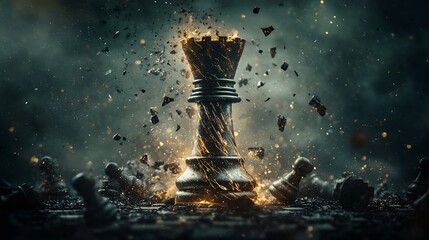 A tall black chess rook glowing with streaks of gold surrounded by shattered chess pieces   a powerful digital fantasy concept representing strategy competition and the metaphor of the game of chess