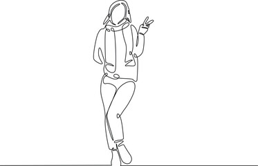 Continuous line drawing art of fashion model wear jacket in winter season. Fashion concept single line illustration.