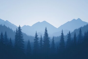 Obraz premium Silhouette of Pine Trees and Mountains Under a Blue Sky
