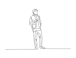 Continuous line drawing art of fashion model wear jacket in winter season. Stylish guy wearing casual outfit in single line illustration.