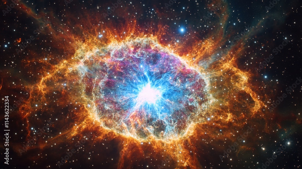 Poster celestial explosion in the cosmos showcasing vibrant colors and intricate gas formations in deep spa