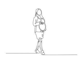 Continuous line drawing art of beautiful pregnant woman stand and holding her belly. woman and mother day concept.