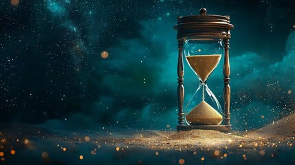A giant hourglass filled with shimmering golden sand as time trickles slowly into an ocean of stars symbolizing the inevitability and cyclical nature of destiny