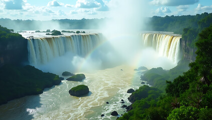 Fototapeta premium “Iguazu Falls in Full Flow” – A powerful view of Iguazu Falls with multiple cascades crashing into the river below, surrounded by lush rainforest and rainbows in the mist. 