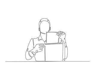 Continuous line drawing art of male voter placing ballot in ballot box polling place, election day concept.