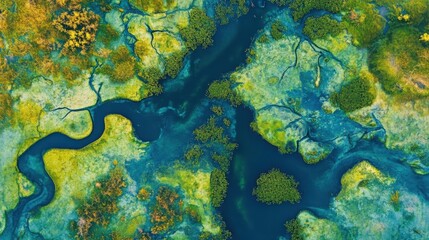 Fototapeta premium Vibrant drone perspective capturing the intricate waterways and lush landscapes of the Okavango Delta at sunset