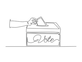 Continuous line drawing art of voter's hand placing ballot in ballot box polling place, election day concept.