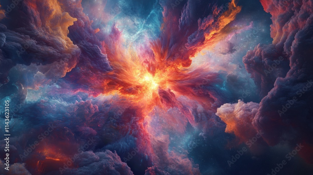 Poster Surreal depiction of a supernova explosion surrounded by colorful cosmic clouds and stellar formations