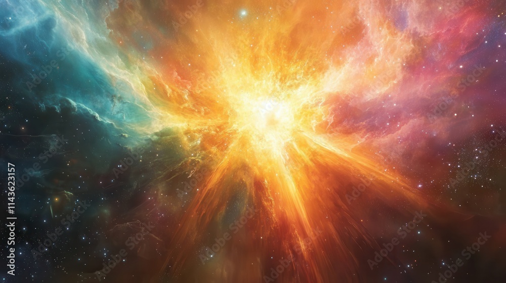 Poster surreal depiction of a supernova explosion in the depths of space showcasing vibrant colors and cosm