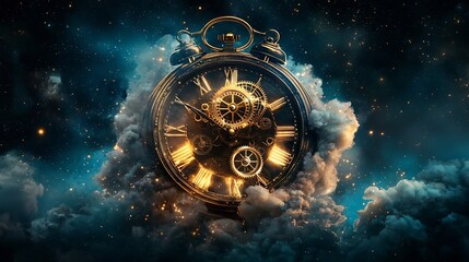A celestial clock with glowing golden gears suspended in the night sky symbolizing the mystical concepts of time and predestined events