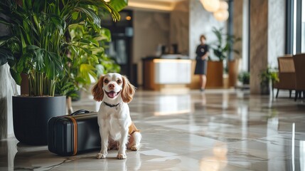 Dog in a hotel lobby.