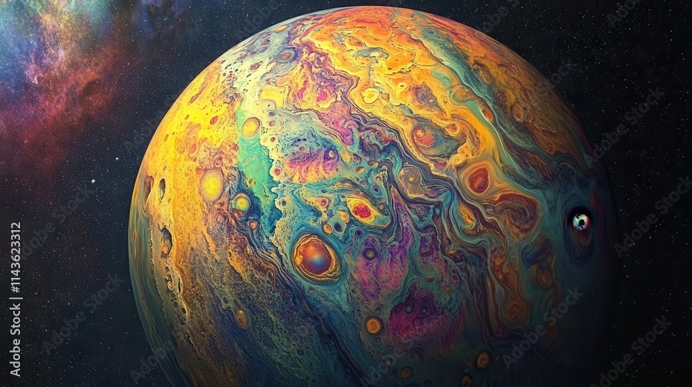 Poster vibrant overhead view of a colorful planet surrounded by cosmic elements and celestial bodies in dee