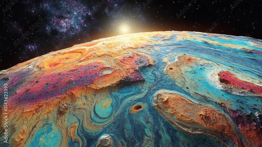 Poster Stunning overhead view of a unique celestial landscape with vibrant colors and textures illuminated by distant starlight