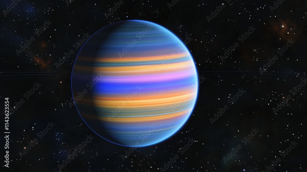 Poster Cosmic display of a vibrant gas giant with colorful bands orbiting in deep space