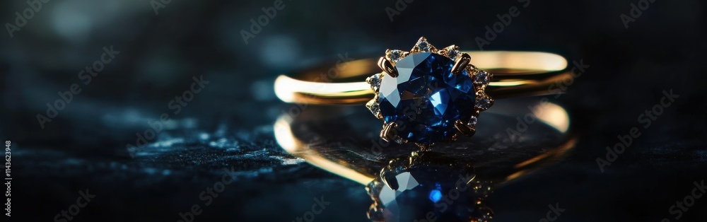 Poster sapphire ring with gold setting sparkles elegantly on dark surface in soft lighting