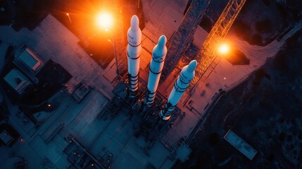 Striking aerial view of multiple rockets poised for launch at twilight