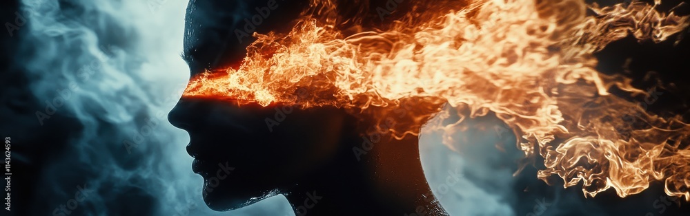 Aufkleber silhouette of a face with fire emanating from the eyes, representing passion and intensity in a myst