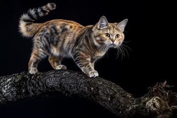 Playful cat on a branch indoor studio animal photography black background close-up whiskers