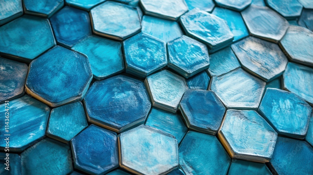 Poster intricate arrangement of interconnected hexagons in shades of blue and turquoise showcasing modern d