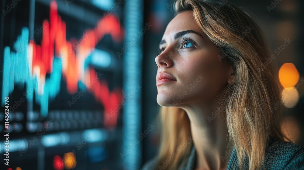 Aufkleber A woman gazes thoughtfully at data visualizations on a screen, embodying a focus on analytics and decision-making in a tech-driven environment.