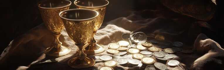 Ancient golden goblets and silver coins displayed on textured fabric in dim lighting, showcasing historical craftsmanship