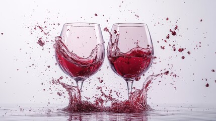 Fototapeta premium a dynamic scene featuring several wine glasses in various positions, with red wine splashing dramatically from them. The glasses are partially filled, and the wine is captured mid-motion