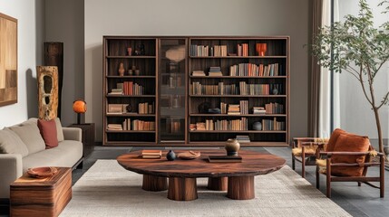 Modern Living Room with Wooden Furniture and Bookshelves