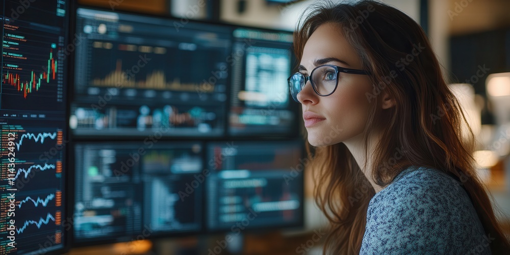 Poster a thoughtful young woman analyzes data on multiple screens, surrounded by financial charts and graph
