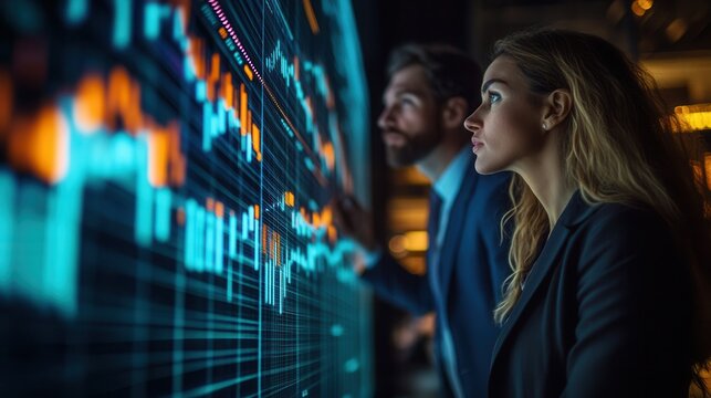 A professional duo analyzes data trends displayed on a digital screen, highlighting the intersection of technology and finance in a modern workspace.