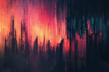 Abstract Cityscape with Red and Blue Vertical Stripes