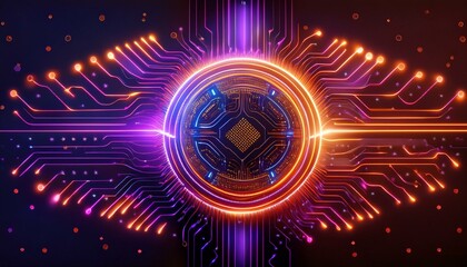 Consumer future and technology concepts: Quantum computing concept, glowing circuits and particles.