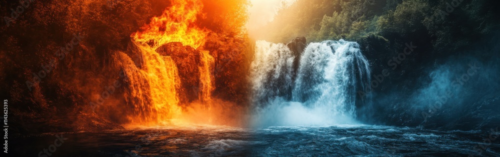 Poster roaring waterfall merges with vibrant wildfire in a breathtaking display of nature's power and contr