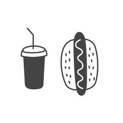 Hot Dog and Soda Doodle Icon. Street Fast food and Drink hand drawn vector set. Outline eating illustrations set in sketch style