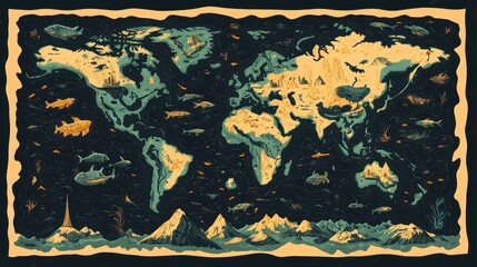Artistic World Map Depicting Landmasses and Aquatic Life
