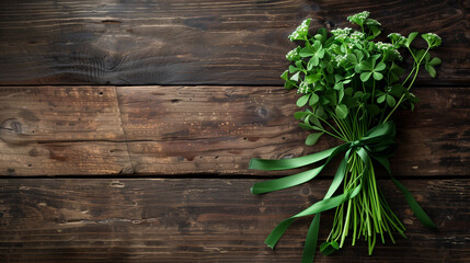 Fresh shamrock bouquet tied with green ribbon on wooden table